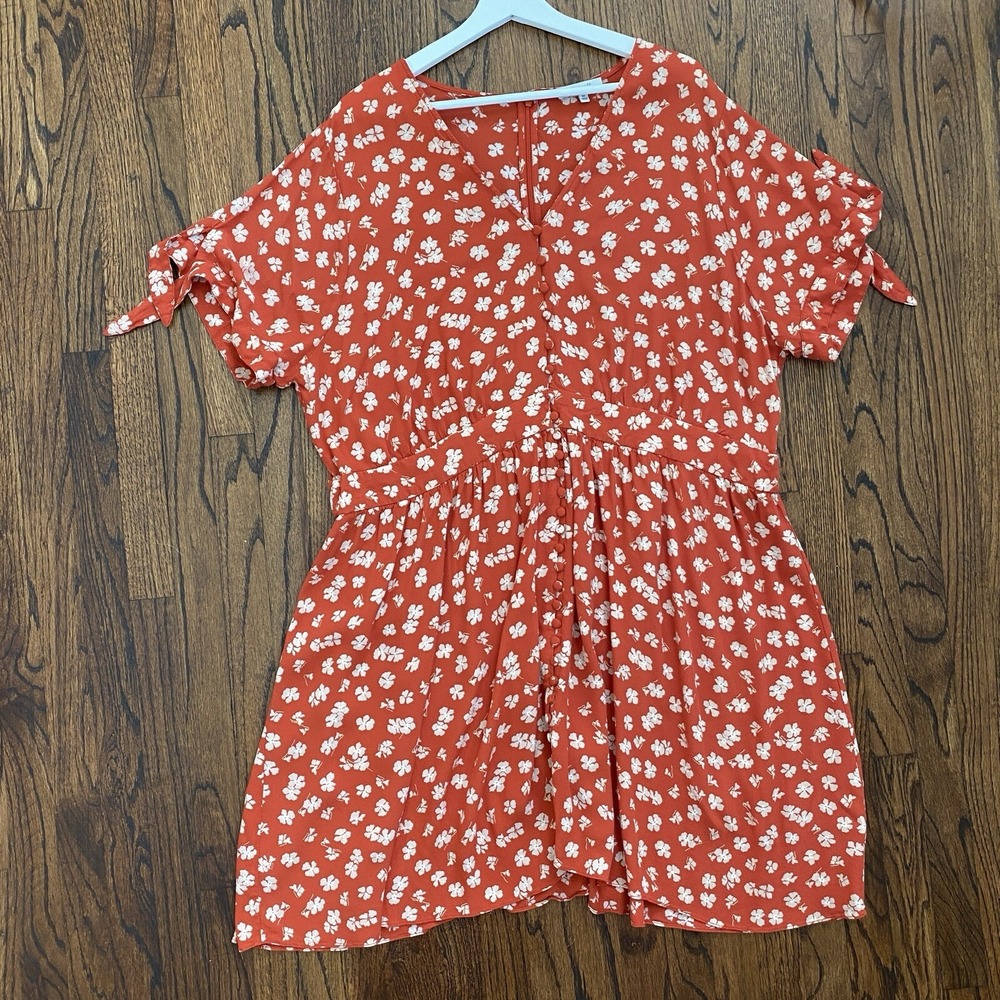 Madewell Womens Red Boho Floral Babydoll Dress Plus Size 22 Tie Sleeve Prairie - Picture 4 of 11